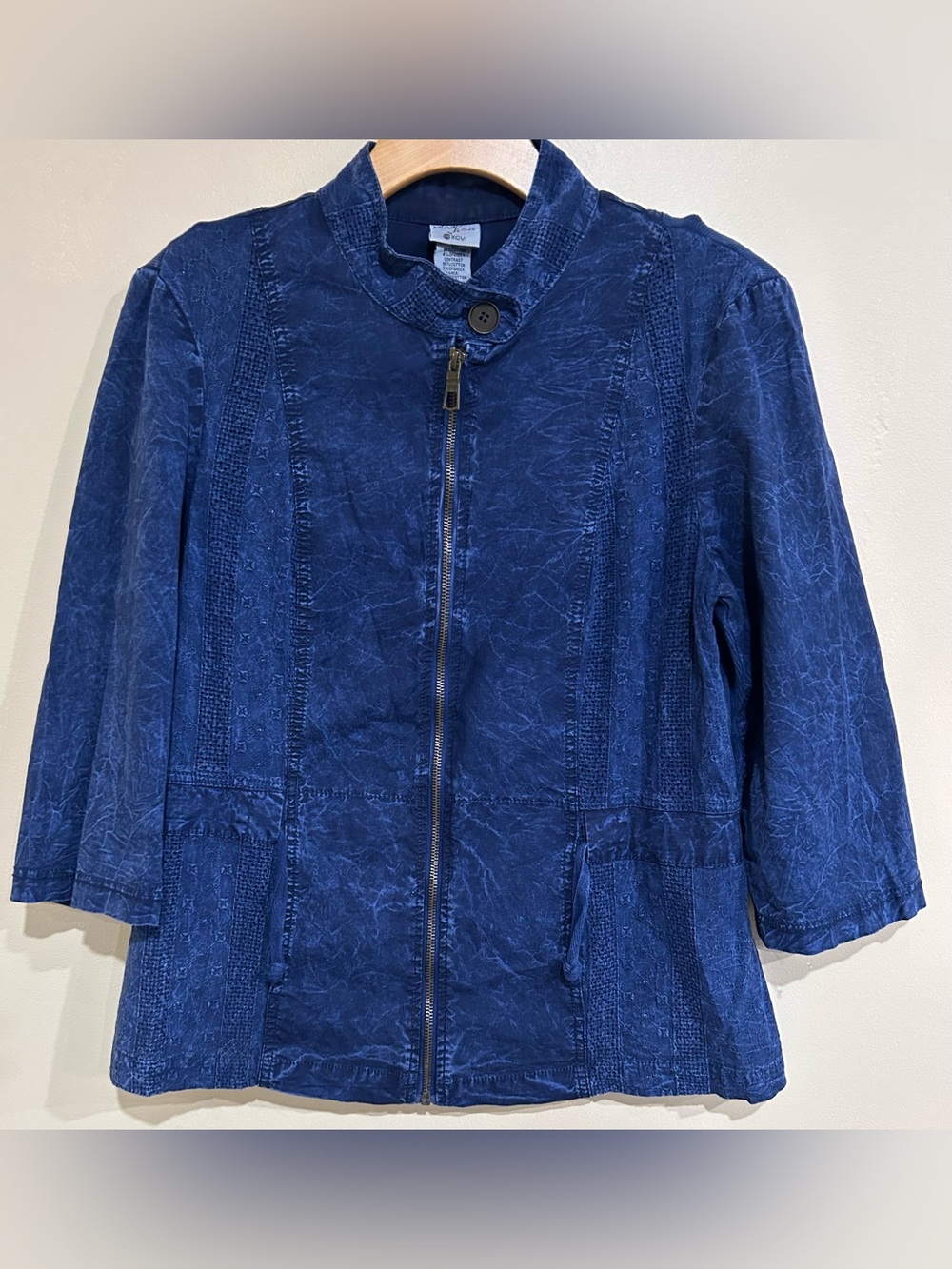 Mindset By XCVI Full Zip 3/4 Sleeve Acid Wash Jacket Medium Mesh Boho Hippie